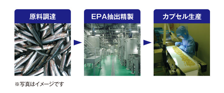 原料調達からEPA抽出精製、カプセル生産のイメージ